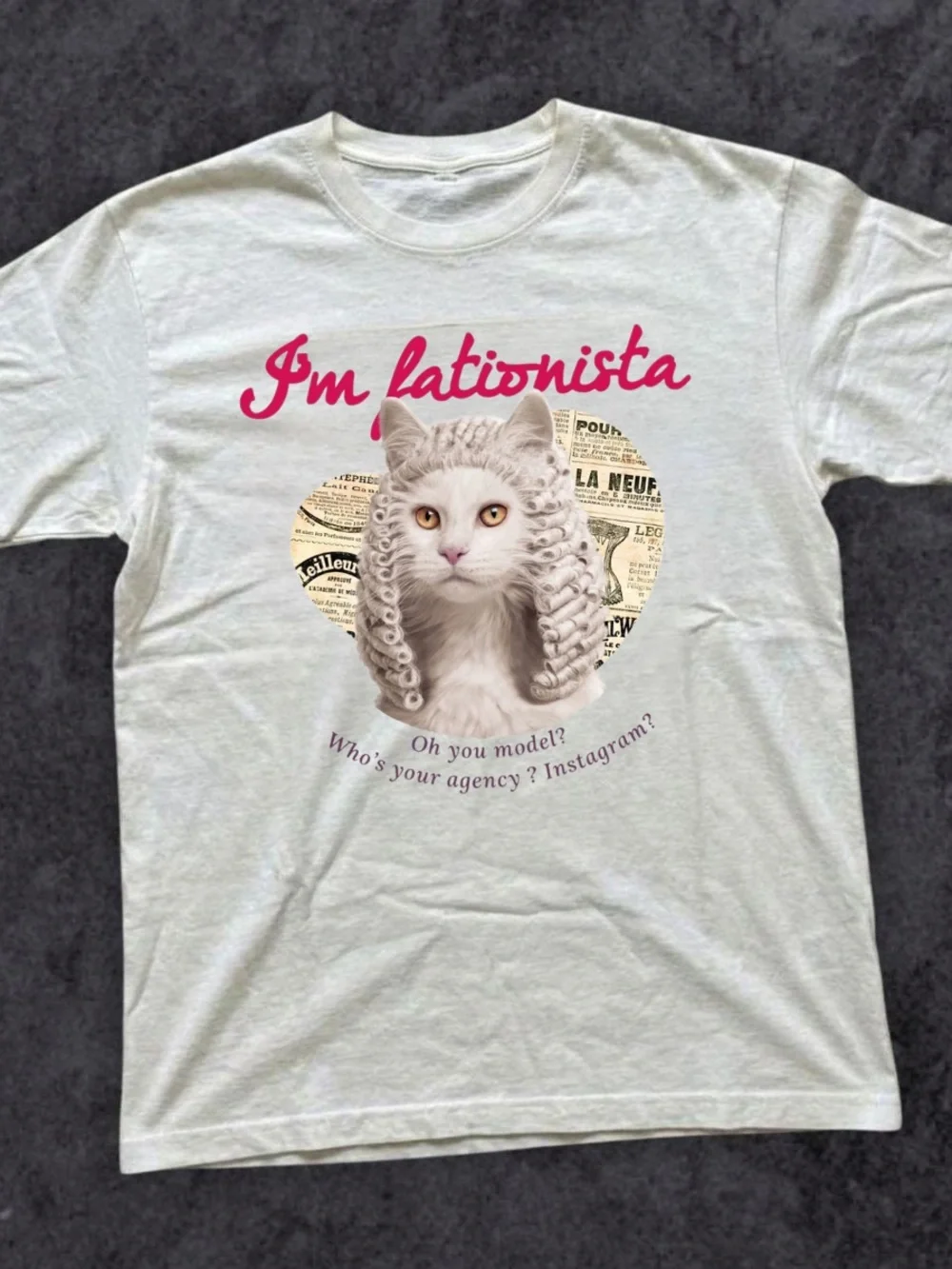 Gildan White Tee with Pink Script & Cat Graphic